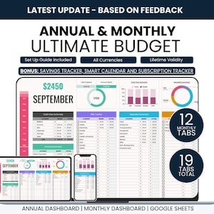 Ultimat årligt och månadsbudget | Avsättningsfonder / Målspårning | Smart kalender | Prenumerationsspårning | Google Sheets