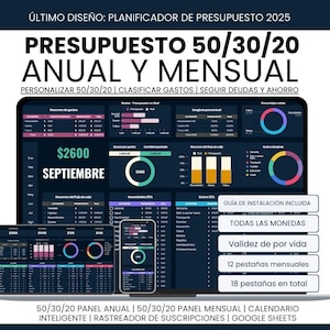 Puede incluir: Un planificador financiero digital que se muestra en una computadora portátil, tableta y teléfono inteligente. La pantalla muestra un desglose del presupuesto con gráficos. El texto incluye "Presupuesto 50/30/20 Anual y Mensual" y "Septiembre $2600".