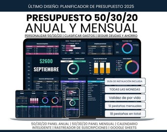 Español 50/30/20 Budget / Presupuesto 50 30 20 / Plantillas de Finanzas Personales 50 30 20 / Planificador de Presupuesto 50 30 20