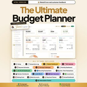 Ultimate Budget Planner | All in One | 50 30 20 Rule | Family and Couple Budget Planner | Debt Calculator | Net Worth | Bill Calender.. HTML