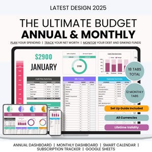 Ultimo pianificatore di budget annuale e mensile definitivo per Fogli Google, foglio di calcolo del budget mensile, budget della busta paga, pianificatore per Fogli Google