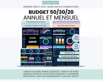 May include: A Google Sheets 50/30/20 annual and monthly budget dashboard template featuring dark-themed financial charts, donut graphs, and progress bars. The interface displays text including BUDGET 50/30/20 ANNUEL ET MENSUEL and various tracking categories for savings, subscriptions, and recurring transactions.