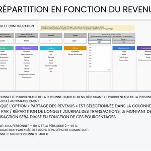 May include: A digital financial spreadsheet interface titled REPARTITION EN FONCTION DU REVENU featuring an ONGLET CONFIGURATION tab. It includes columns for income, expenses, bills, debts, and investments with dropdown menus for names, currency, and year.