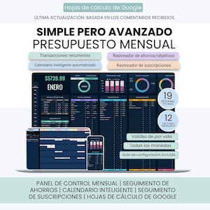 Puede incluir: Una plantilla de hoja de cálculo de presupuesto mensual digital para Google Sheets con un panel de control de tema oscuro, gráficos, rastreadores de transacciones, objetivos de ahorro y herramientas de gestión de suscripciones. La interfaz muestra datos financieros, calendarios y métricas de resumen en varias pestañas.