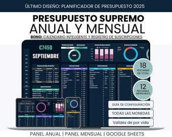 Spanish Budget Planner, Plantilla digital de presupuesto mensual y anual en Google Sheets – en español, fácil de usar, personali