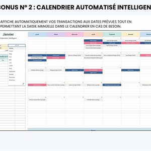 May include: A digital automated calendar spreadsheet titled BONUS N&deg; 2: CALENDRIER AUTOMATIS&Eacute; INTELLIGENT. The interface displays a monthly grid for January with color-coded transaction entries, a dropdown menu for month selection, and a column for manual entries.
