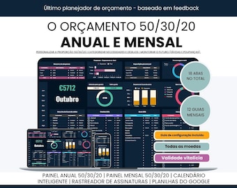 Presupuesto portugués / Planilha de Orçamento 50 30 20 / Planejador Financeiro Pessoal / Controle de Despesas Mensais e Anuais no Google Sheets