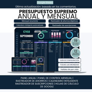 Puede incluir: Una plantilla de hoja de cálculo presupuestaria digital para Google Sheets titulada Presupuesto Supremo Anual y Mensual. La interfaz muestra datos financieros, gráficos y rastreadores en las pantallas de una computadora portátil, tableta y teléfono.
