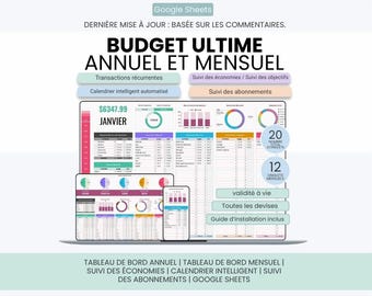 May include: A Google Sheets digital budget planner template featuring an annual and monthly dashboard, recurring transaction tracker, savings and subscription monitors, and an automated calendar, displayed on a laptop and smartphone screen.