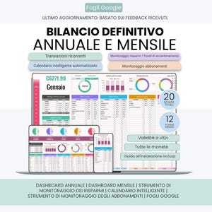 May include: A digital annual and monthly budget tracker for Google Sheets featuring a dashboard with charts, tables, and financial summaries. The interface displays text in Italian, including 'BILANCIO DEFINITIVO ANNUALE E MENSILE' and various labels for savings, subscriptions, and transaction tracking.