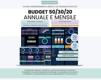 May include: A digital 50/30/20 budget tracker for Google Sheets featuring annual and monthly financial dashboards. The interface displays various charts, donut graphs, and tables for tracking transactions, savings, and subscriptions in a dark theme.