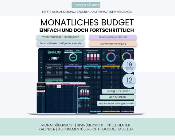 German Monthly Budget Planner | Monatlicher Budgetplaner für Google Tabellen | Ausgaben-Tracker Tabelle | Digitaler Budget-Tracker