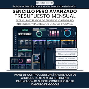 Planejador de orçamento mensal espanhol, Planificador de presupuesto, Rastreador de ahorros, Calendario, Rastreador de Suscripciones - Planilhas Google