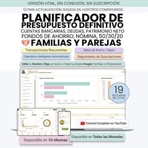 Spanish Ultimate Budget Planner | Planificador de Presupuesto Mensual y Anual en Html Offline No Subscription