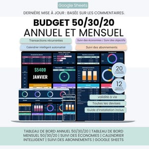 May include: A digital 50/30/20 annual and monthly budget tracker for Google Sheets. The interface displays financial data, including recurring transactions, savings goals, subscription tracking, and an automated calendar with charts and tables.