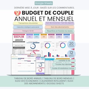May include: A Google Sheets annual and monthly couple budget planner featuring a dashboard with financial charts, recurring transactions, savings trackers, and an automated calendar. The interface displays text in French including BUDGET DE COUPLE ANNUEL ET MENSUEL.