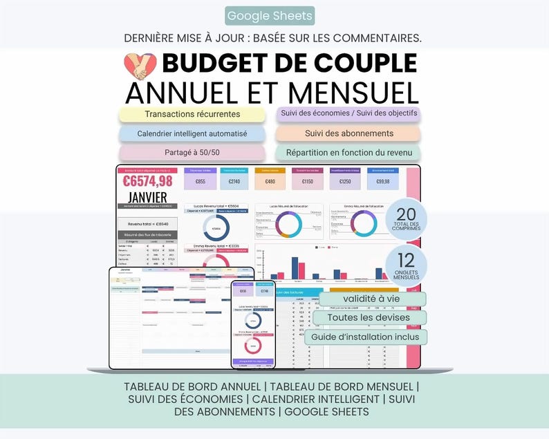May include: A Google Sheets annual and monthly couple budget planner featuring a dashboard with financial charts, recurring transactions, savings trackers, and an automated calendar. The interface displays text in French including BUDGET DE COUPLE ANNUEL ET MENSUEL.