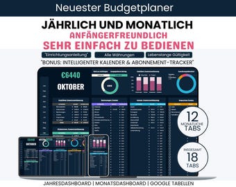 Jährlicher und monatlicher Budgetplaner | Monats- und Jahresbudgetplaner | Monatlicher und jährlicher Haushaltsplaner | Haushaltsplaner