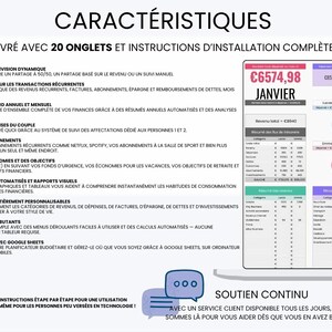 May include: A digital financial budget planner template displayed on a laptop screen, featuring 20 tabs, automated charts, and expense tracking categories. The interface includes text in French detailing features like recurring transaction assistance, monthly summaries, and Google Sheets compatibility.