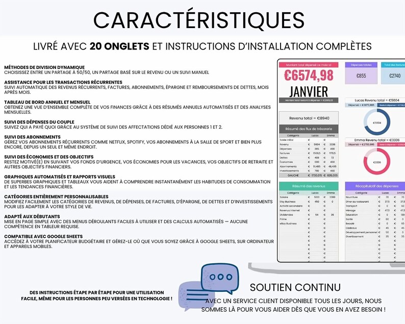 May include: A digital financial budget planner template displayed on a laptop screen, featuring 20 tabs, automated charts, and expense tracking categories. The interface includes text in French detailing features like recurring transaction assistance, monthly summaries, and Google Sheets compatibility.