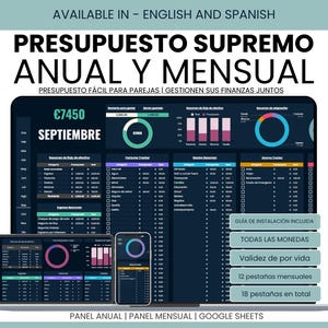 Plantilla digital de presupuesto mensual y anual en Google Sheets – en español, fácil de usar, personalizable y minimalista