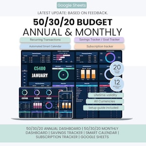May include: A Google Sheets 50/30/20 budget annual and monthly dashboard template featuring a dark interface with colorful charts, graphs, and financial trackers. Includes a savings tracker, goal tracker, subscription tracker, and calendar.