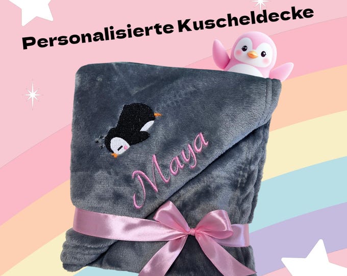 PENGUIN blanket personalized with name – Embroidered blanket for children & adults – 13 colors – 70x100/130 x 150 cm – Great gift