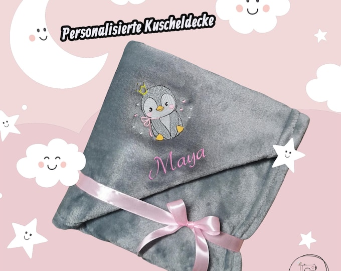 PINGUIN II blanket personalized with name – Embroidered blanket for children & adults – 13 colors – 70 x 100/130 x 150 cm – Great gift