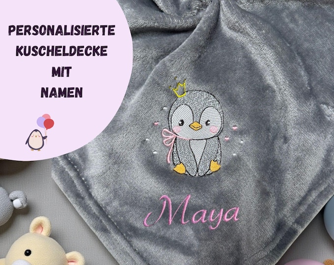 PINGUIN II blanket personalized with name – Embroidered blanket for children & adults – 13 colors – 70 x 100/130 x 150 cm – Great gift
