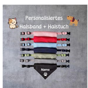 Hund/ Katze Halstuch + Halsband personalisiert, individiell bestickt, 7 Farben, 3 Größen, Geschenkset für Hund / Katze, Gassigehen