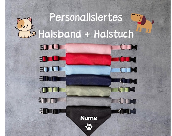 Dog/cat scarf + collar personalized, individually embroidered, 7 colors, 3 sizes, gift set for dog/cat, walking