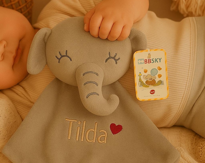 Personalized Elephant Comforter – Baby Snuggle Blanket with Name & Heart – Cuddly Toy for Girls – Gift for Birth - Christening – Made with Love