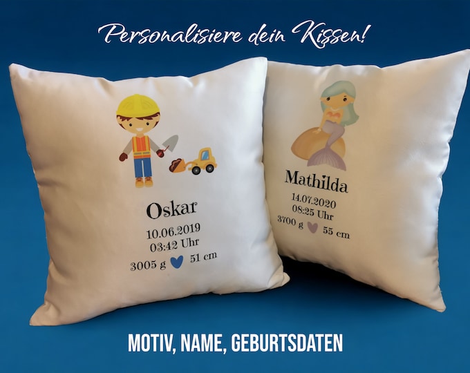 Personalized pillowcase/cushion cover/customize/name and date of birth/boy/girl/construction worker/mermaid/40 x 40 cm