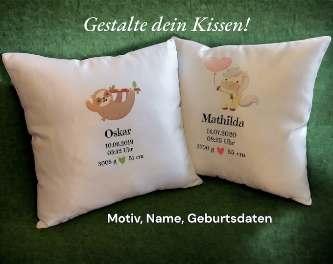 Personalized pillowcase / pillowcase / custom design / name and date of birth / boy / girl / sloth / unicorn / 40 x 40 cm
