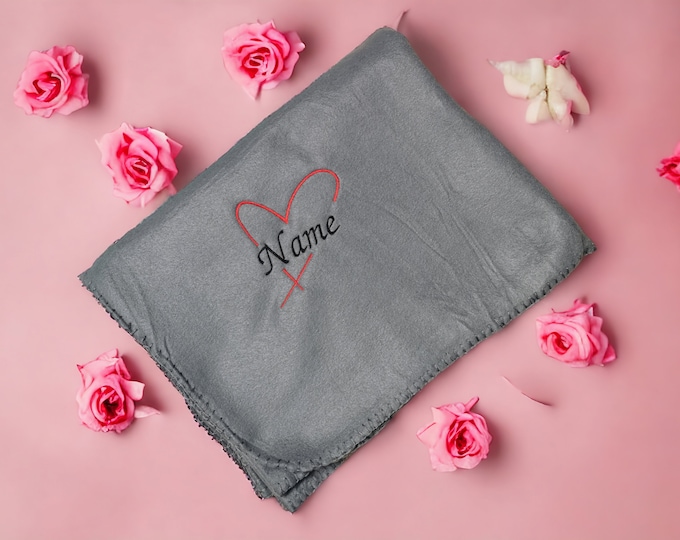 Personalized Blanket, Embroidered Name Blanket, Valentine's Day Gift, Love, Hearts, Couples, Anniversary, Birthday, 5 Colors, 130 x 170 cm