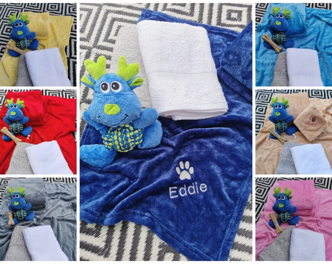 SET Personalized Dog Blanket + Towel Embroidery Name Blanket Puppy Starter Set Dog + Cat Blankets, Animals, 9 Colors, 70 x 100 cm