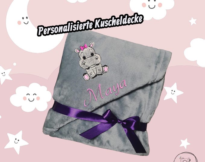 HIPPOPOTAMUS I Blanket personalized with name – Embroidered blanket for children & adults – 13 colors – 70x100/130 x 150 cm – Great gift