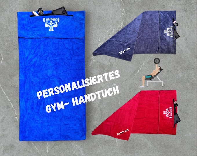 GORILLA Personalized Gym Towel with Name 50 x 100 cm with Pocket & Flap/Gym Accessory Individual Gift/Sport/Athlete