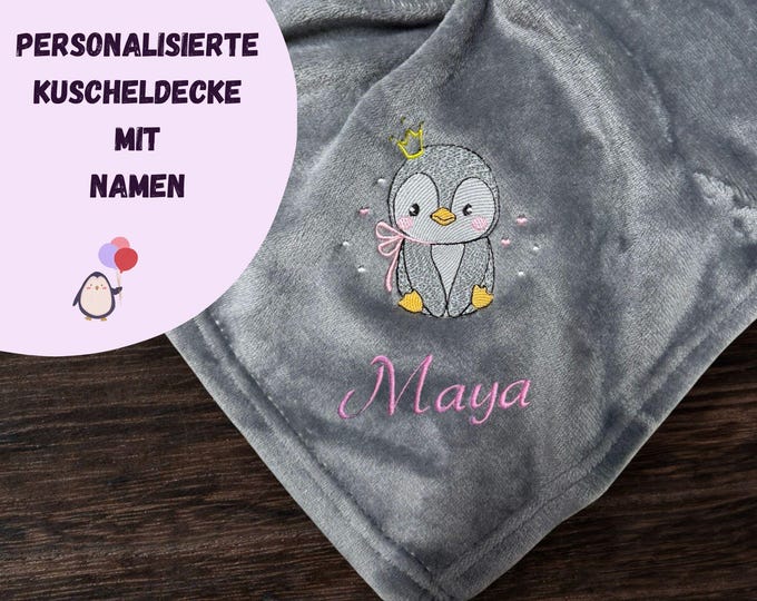 PINGUIN II blanket personalized with name – Embroidered blanket for children & adults – 13 colors – 70 x 100/130 x 150 cm – Great gift