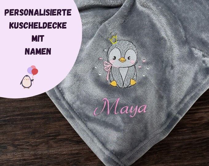PINGUIN II blanket personalized with name – Embroidered blanket for children & adults – 13 colors – 70 x 100/130 x 150 cm – Great gift