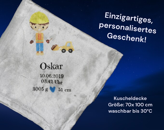 Children's blanket personalized/name blanket/customize/name + construction worker/boy/birth/birthday/baptism/holidays/children's room/70x100