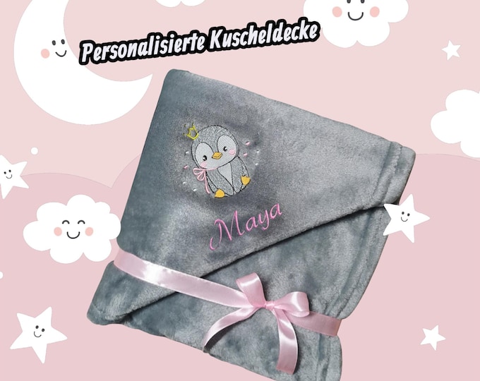 PINGUIN II blanket personalized with name – Embroidered blanket for children & adults – 13 colors – 70 x 100/130 x 150 cm – Great gift