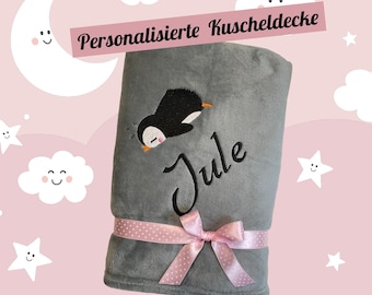PENGUIN blanket personalized with name – Embroidered blanket for children & adults – 13 colors – 70x100/130 x 150 cm – Great gift