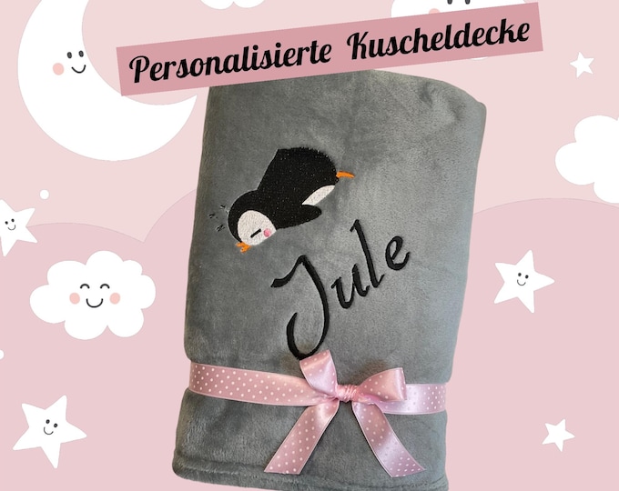 PENGUIN blanket personalized with name – Embroidered blanket for children & adults – 13 colors – 70x100/130 x 150 cm – Great gift