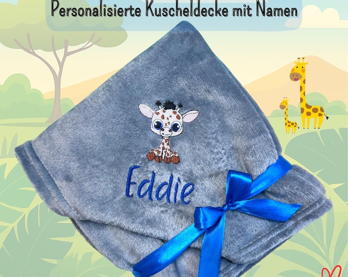 Giraffe blanket embroidered with name – personalized blanket made of coral fleece – 13 colors, 2 sizes – gift idea for birth & for children