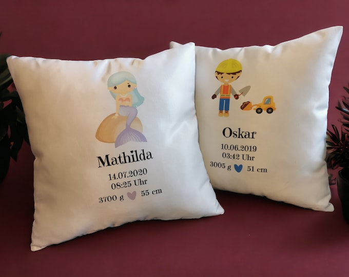 Personalized pillowcase/cushion cover/customize/name and date of birth/boy/girl/construction worker/mermaid/40 x 40 cm