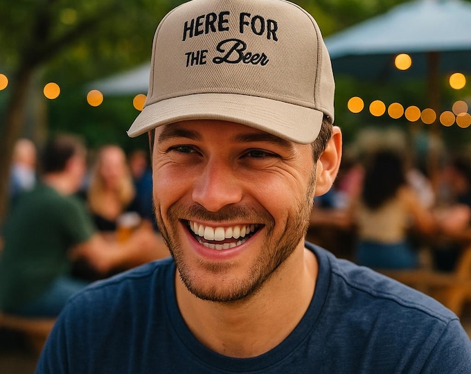 Embroidered Baseball Cap – "Here for the Beer" – Funny Sayings Cap – 6 Colors + Yarn Color Selectable – Gift for Men & Women – Hat Cap