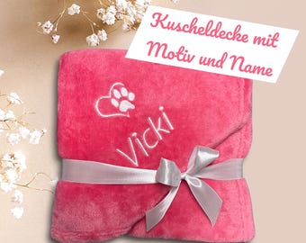Gepersonaliseerde hondendeken met naam - Geborduurde knuffeldeken voor honden en katten - Puppycadeau - Huisdierendeken in 13 kleuren / 2 maten