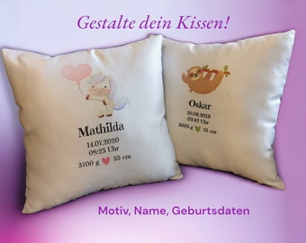 Kissenbezug personalisiert/ Kissenhülle / individuell gestalten / Name und Geburtsdaten / Junge / Mädchen / Faultier / Einhorn / 40x40 cm