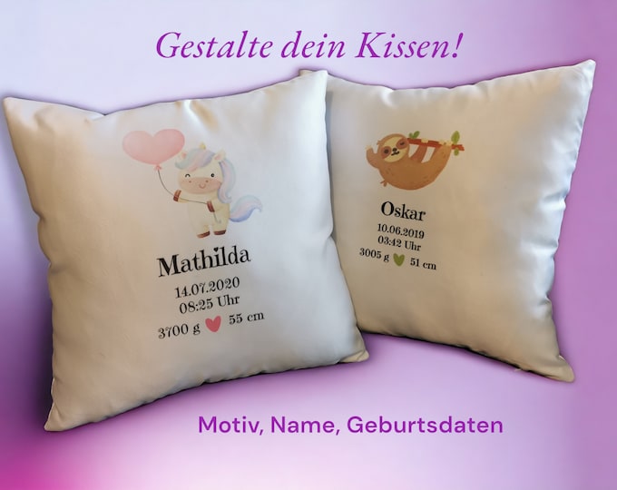 Personalized pillowcase / pillowcase / custom design / name and date of birth / boy / girl / sloth / unicorn / 40 x 40 cm